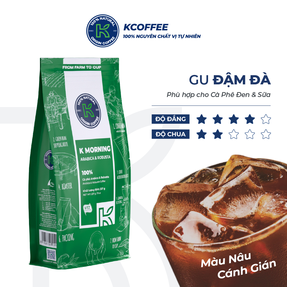 Cà phê rang xay Robusta Arabica xuất khẩu K-Morning thương hiệu K Coffee (227g/gói)