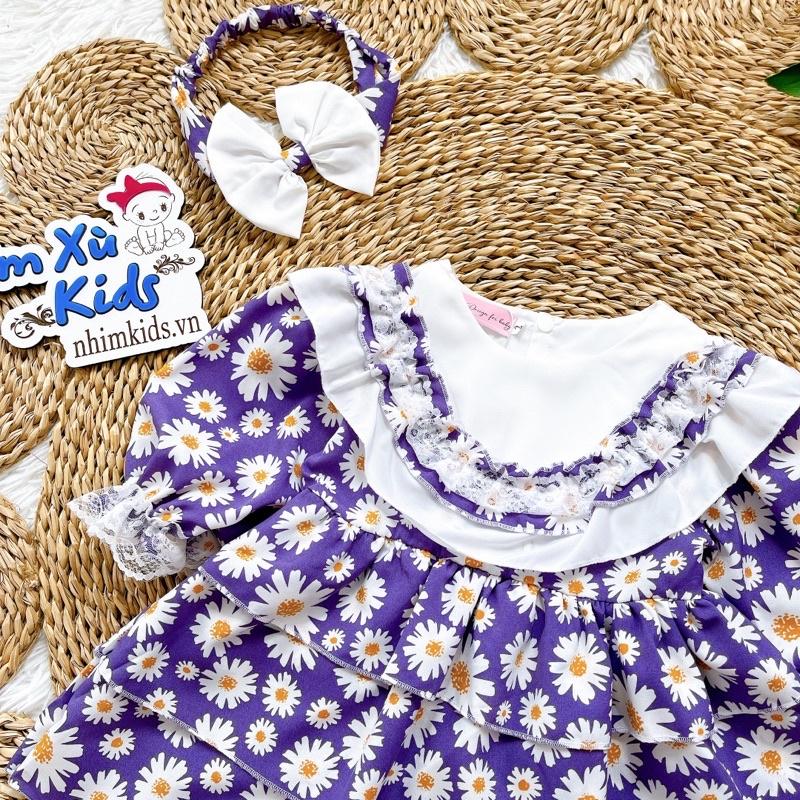Váy Cúc Tím 3 Tầng Bé Gái 4 Đến 28kg, Đầm Bé Gái Chất Lụa Phối Ren