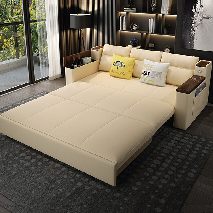 [ Nhập Khẩu ] Giường Sofa Thông Minh, Vải Nano Tay Gỗ Óc Chó Cao Cấp Có Cổng Sạc Tiện Lợi - Sofa Gấp Gọn Đa Năng Phong Cách Châu Âu