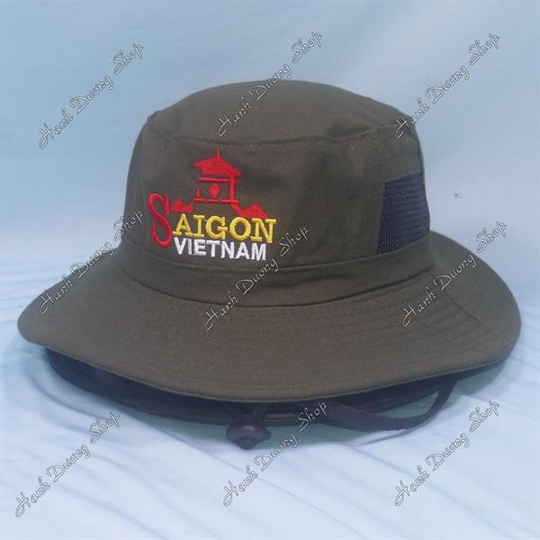 Nón tai bèo nón lính nam thêu chữ Sài Gòn Việt Nam, có lỗ thông gió bên hông nón - Nâu