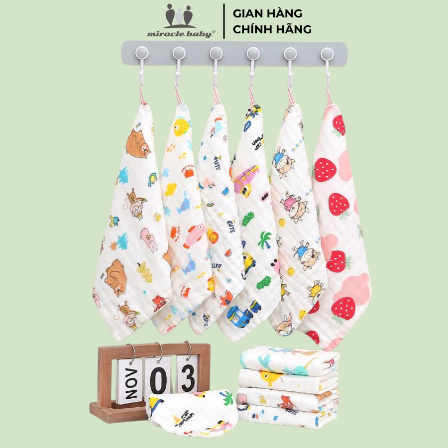 [COMBO]Khăn xô 4 lớp 25x25cm Miracle Baby 1 lốc 5 cái chất liệu muslin cho bé từ 0 đến 12 tháng tuổi