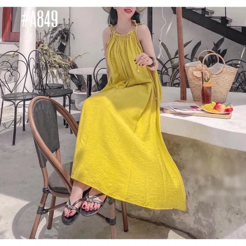 Đầm maxi xòe cổ yếm buộc nơ vải lụa có 4 màu có ảnh thật shop chụp