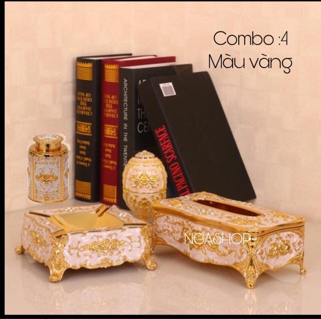 COMBO 4 MÓN ( GẠT TÀN  + HỘP ĐỰNG GIẤY ĂN + LỌ TĂM + HŨ ĐỰNG TRÀ CAO CẤP ĐỂ BÀN