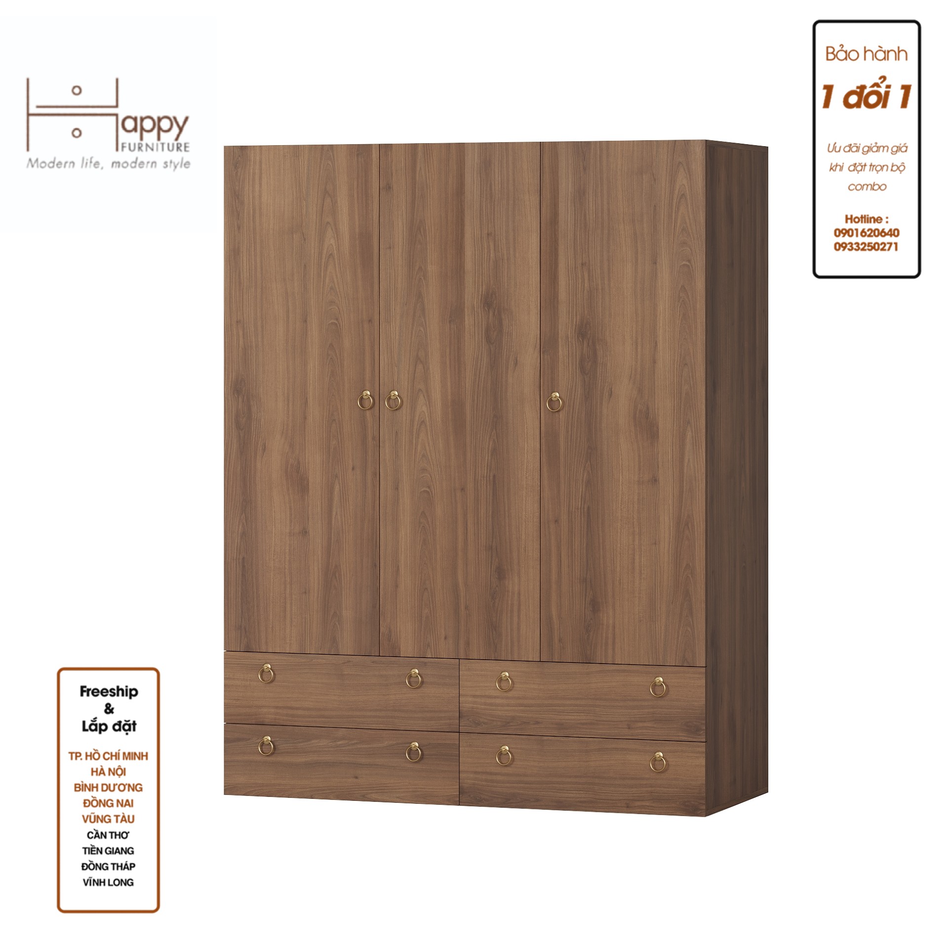 [Happy Home Furniture] WESLEY, Tủ quần áo 4 ngăn kéo - 3 ngăn cửa mở,  140cm x 58cm x 180cm ( DxRxC), TCM_019