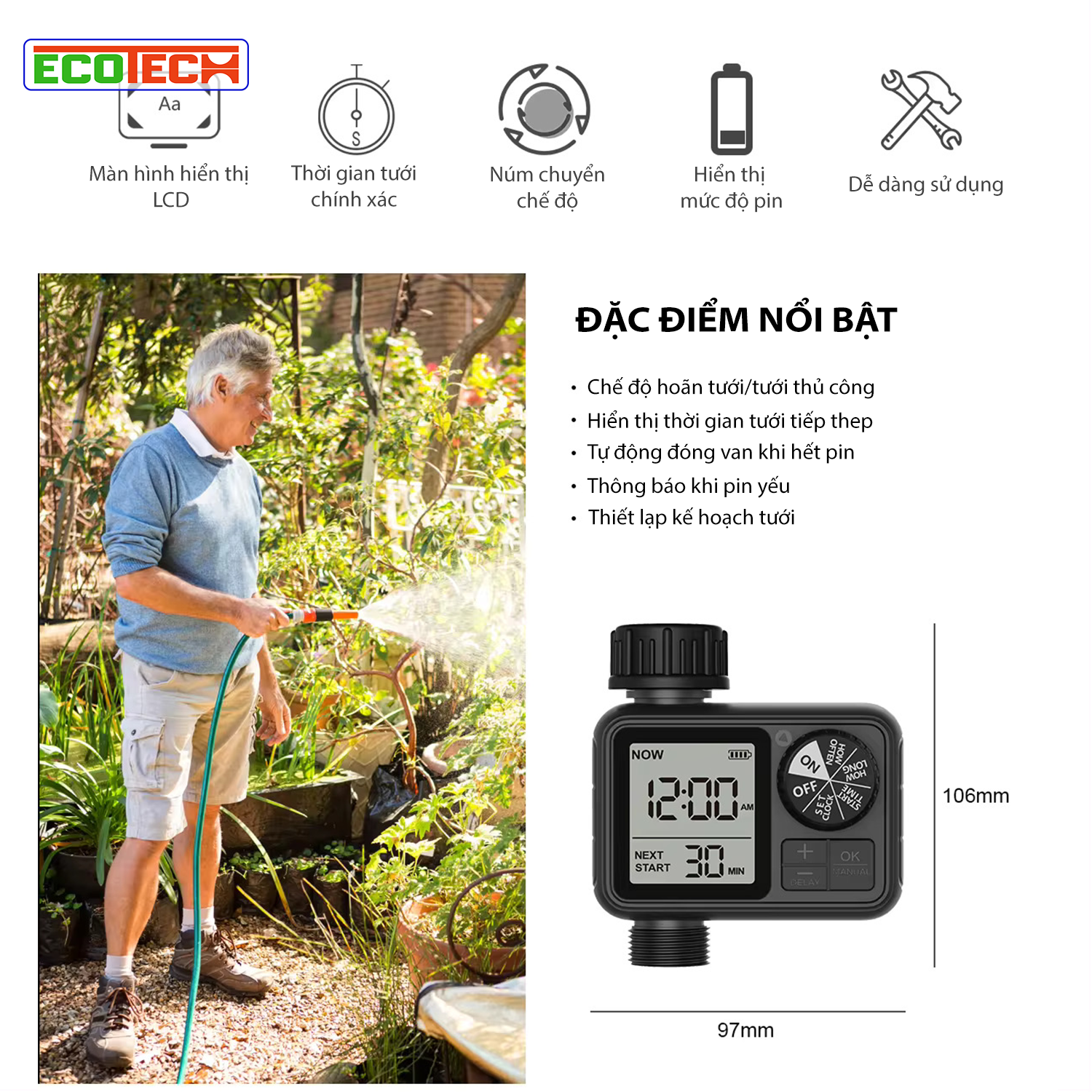 Bộ hẹn giờ tưới nước cây tự động HCT-M02: Màn hình LCD rõ nét, chống nước, Pin bền 1-2 năm, tiết kiệm nước, dễ sử dụng.