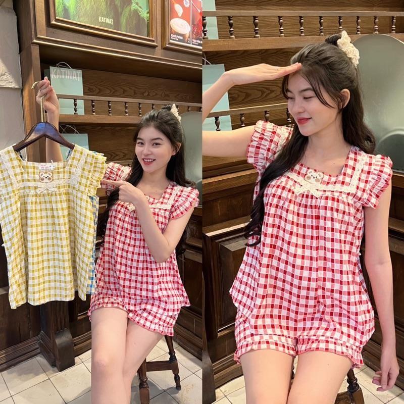 Đồ bộ bầu Đùi Tay Bèo vải tôn 2 da mềm mát quần có chun điều chỉnh - Vàng