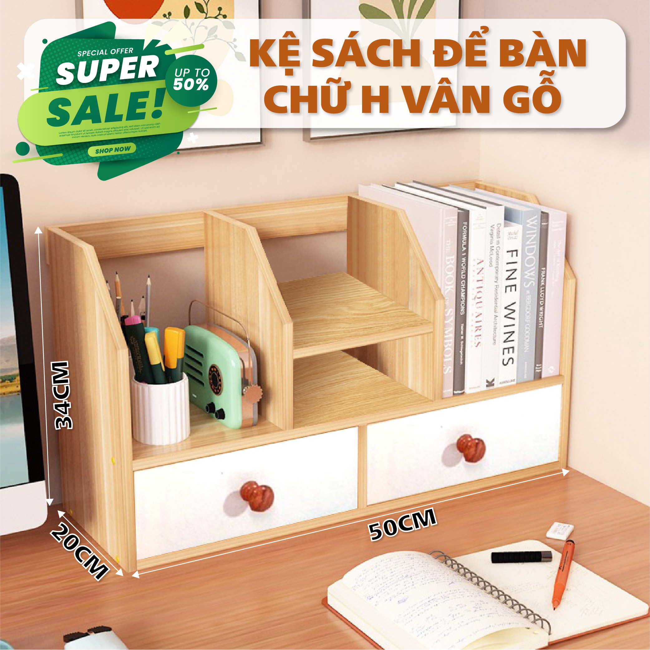 Kệ Sách Để Bàn Chữ H Chắc Chắn, Kèm 2 Ngăn Kéo Cao Cấp - Dễ Lắp Ráp