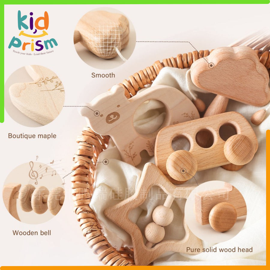 Bộ lục lạc, xúc xắc Montessori 4 món bằng gỗ an toàn cho trẻ sơ sinh (Giáo cụ Montessori), ĐỒ CHƠI GIÁO DỤC ĐẦU ĐỜI