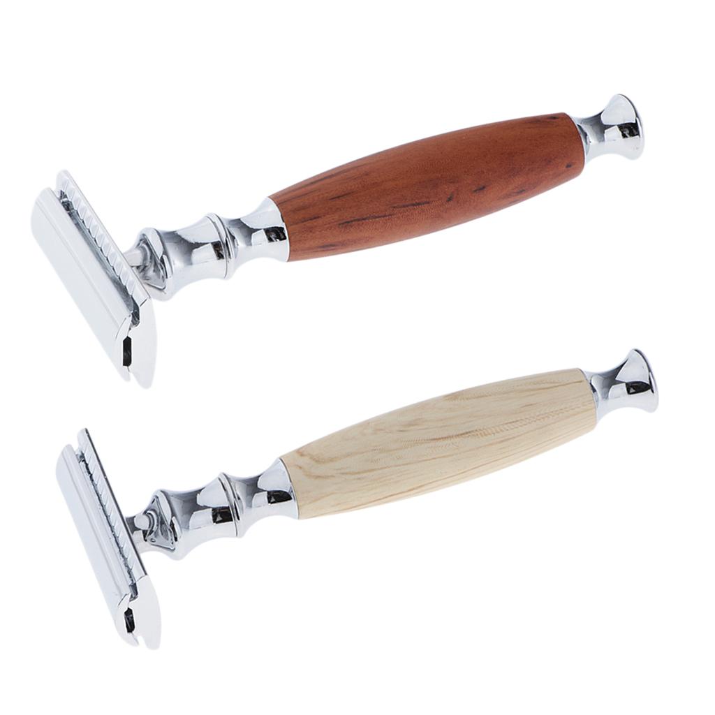 2 Pcs Wood Handle Double Edge Safety Shaving Moustache Grooming Tool