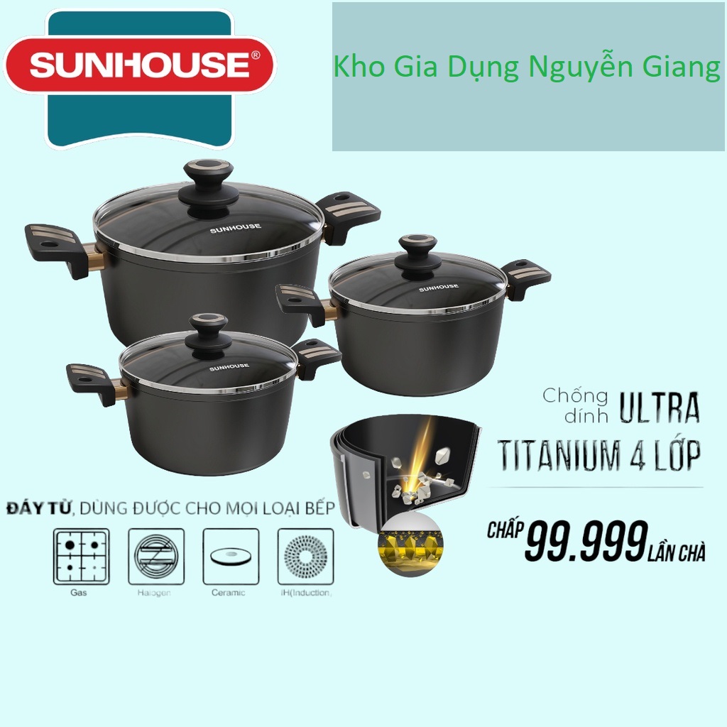 Bộ nồi chống dính ultra titanium SUNHOUSE ST2210B - Bộ 3 món Bảo hành 3 năm-Hàng chính hãng