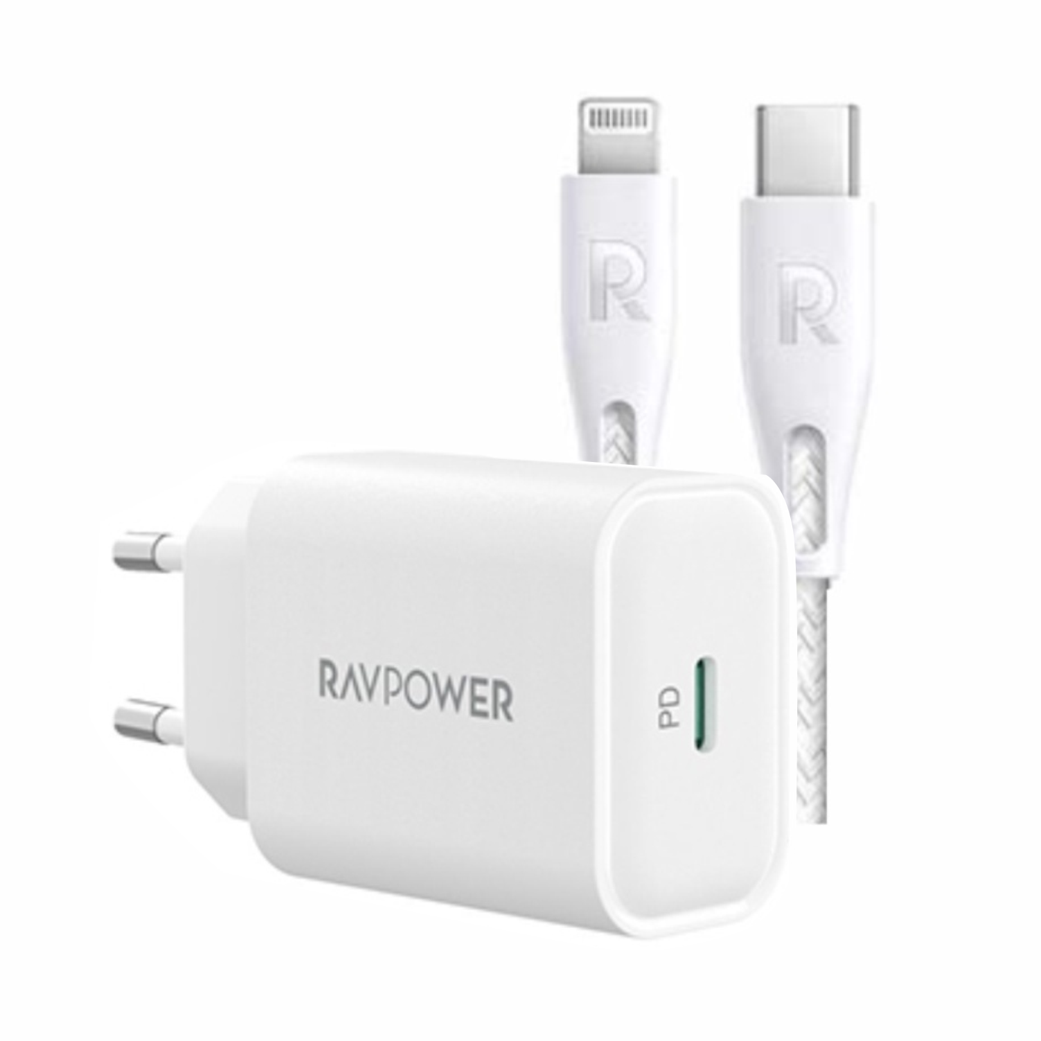 Combo Củ Sạc Nhanh 25W RAVPower RP-PC156 Và Cáp Type-C to Lightning MFI Dây Nylon Siêu Bền Dài 1.2M RP-CB1004 Sạc Nhanh Đến 20W Cho iPhone, Cho iPad - Hàng Chính Hãng