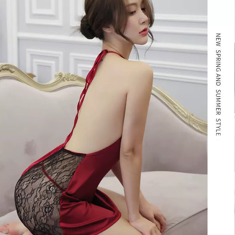 Váy ngủ lụa cổ V ren hông dây yếm cao cấp Q440 - Váy ngủ lụa sexy - Đầm ngủ nữ gợi cảm - Đồ ngủ mạc nhà quyến rũ