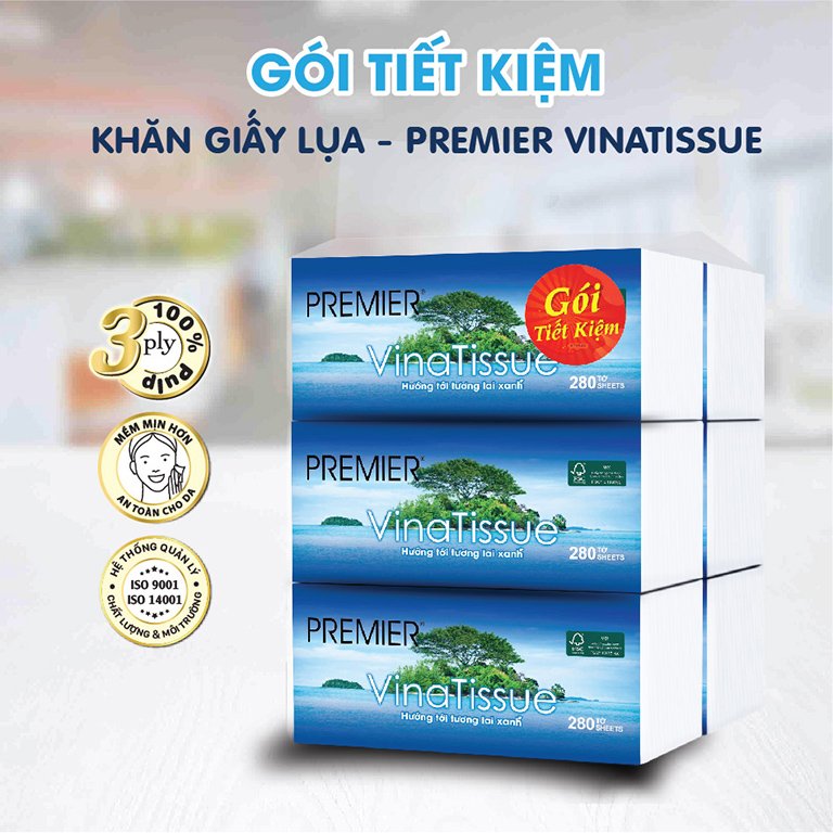 Khăn giấy lụa, khăn đa năng Premier Vinatissue 2 lớp 100% bột giấy nguyên sinh, không chất tẩy 280 tờ