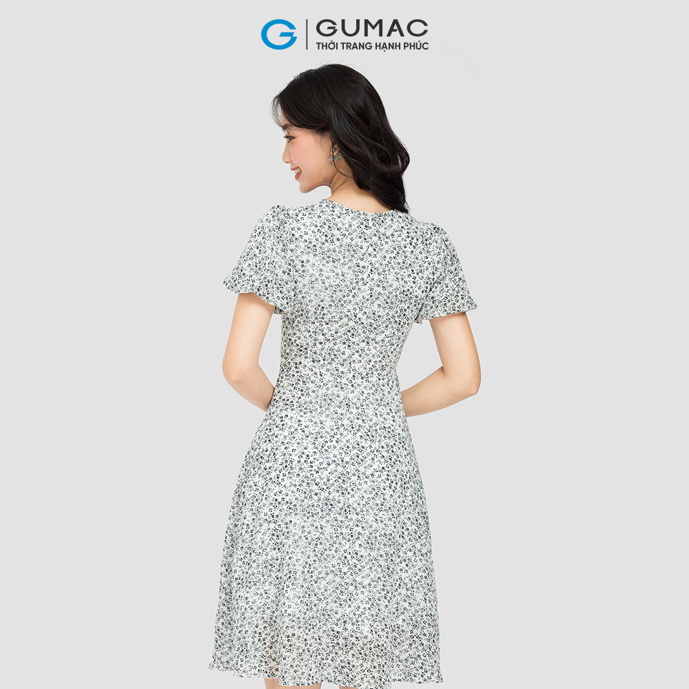 Đầm hoa nơ cổ GUMAC DC08107 - DD05083 đầm A 2 lớp cổ viền tròn sẻ V vải voan