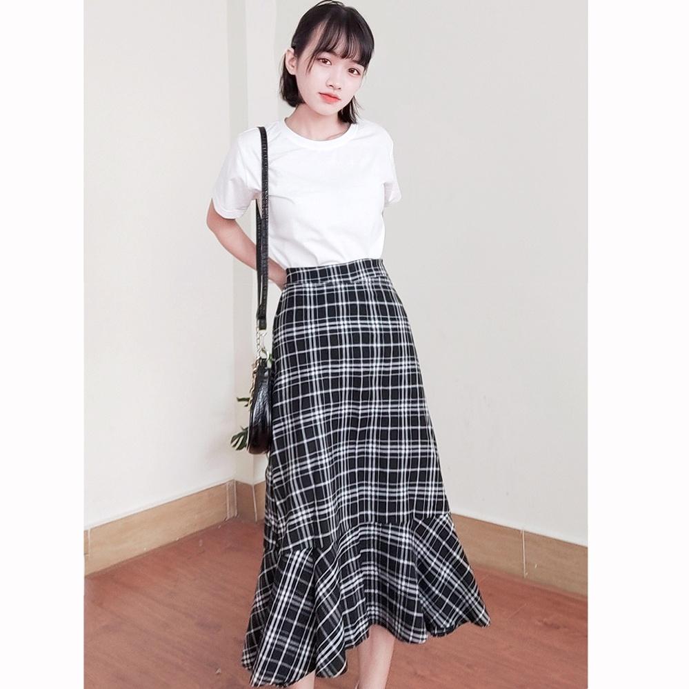 Chân váy dài caro ulzzang, chân váy midi qua gối SR007