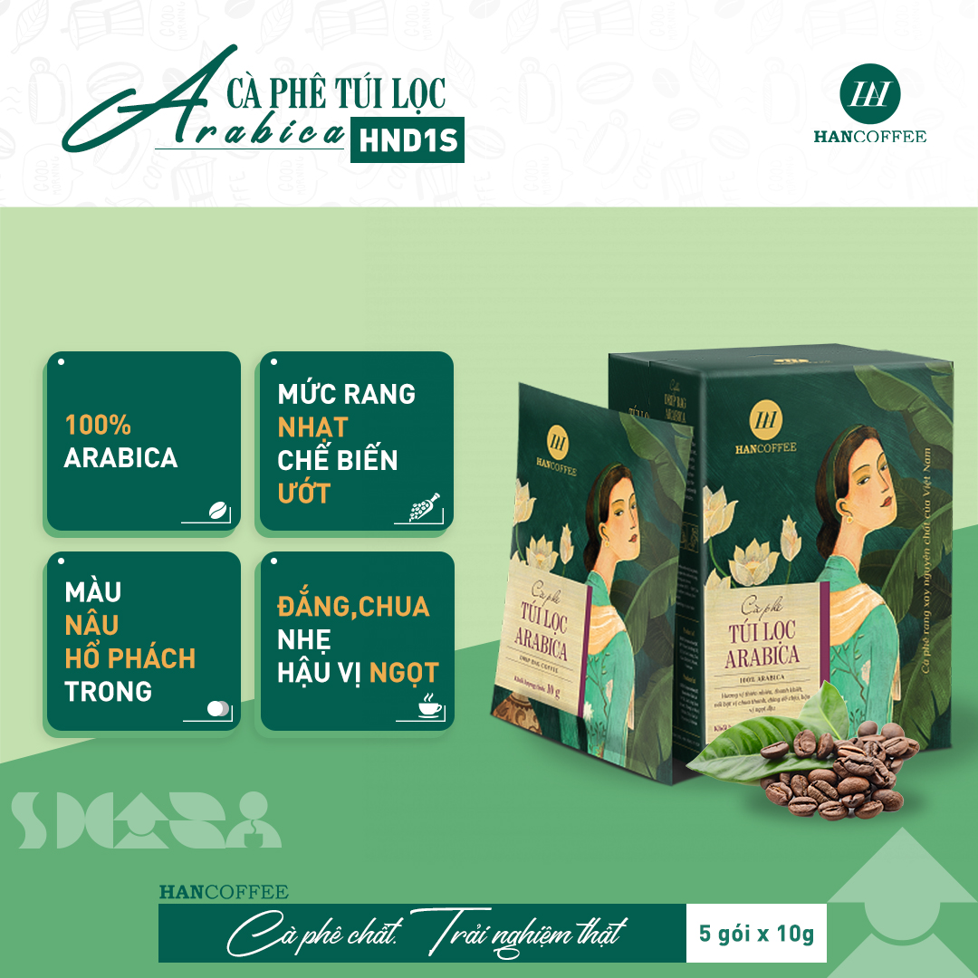 Cà Phê Túi Lọc Arabica HANCOFFEE Đắng Êm Chuyển Ngọt, Chua Nhẹ Hộp 5 Gói x 10G - HND1S