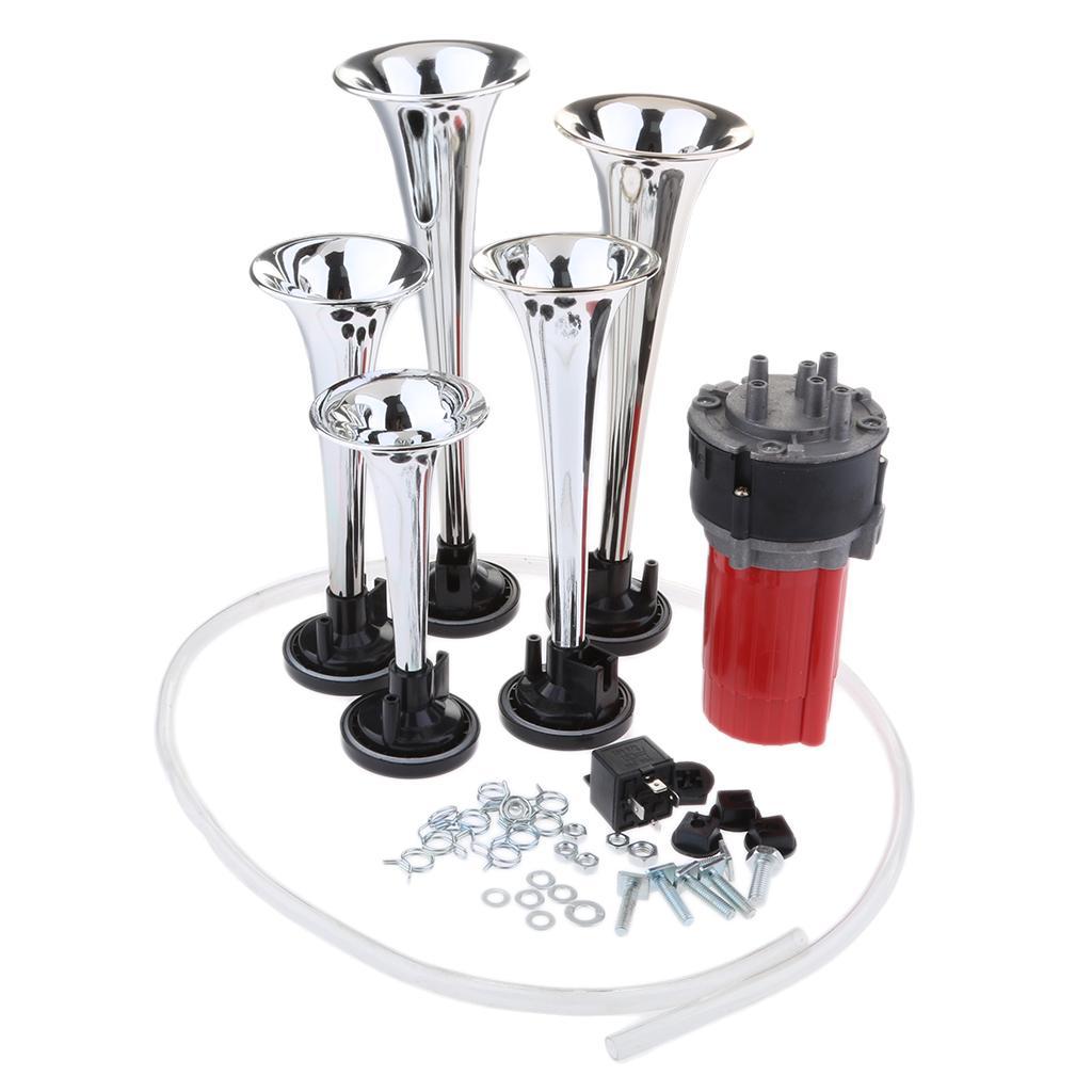 12V/24V 125db Air Horn, Zinc 5 Trumpet Air Horn with Motor for 12V 24V Cars Van