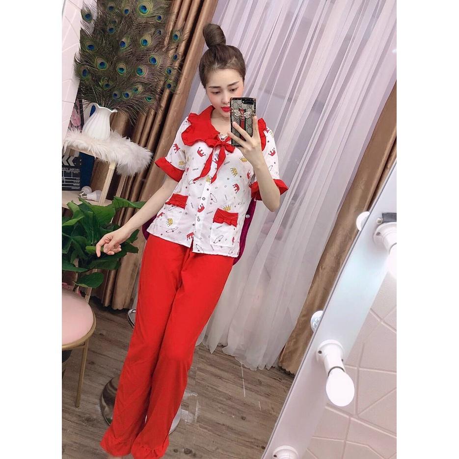 Bộ pijama đũi xốp tiểu thư cổ bèo, quần dài tay ngắn, 40 đến 59kg