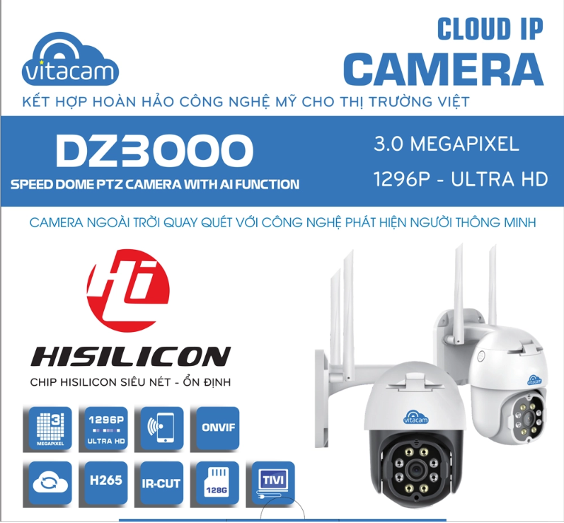 CAMERA NGOÀI TRỜI VITACAM DZ3000 3.0MP- XOAY 355 độ-HÌNH ẢNH ULTRA HD