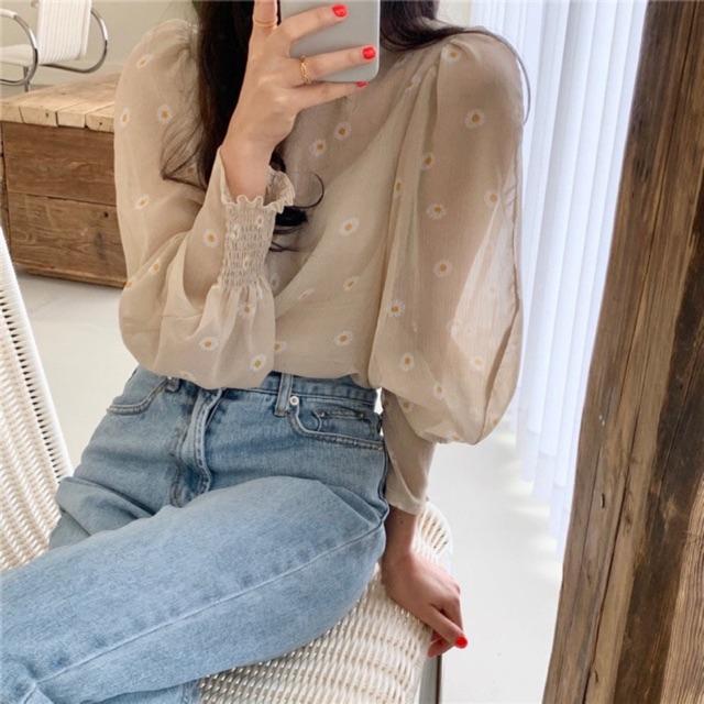 Áo sơ mi hoa vintage tay chun Ms2659