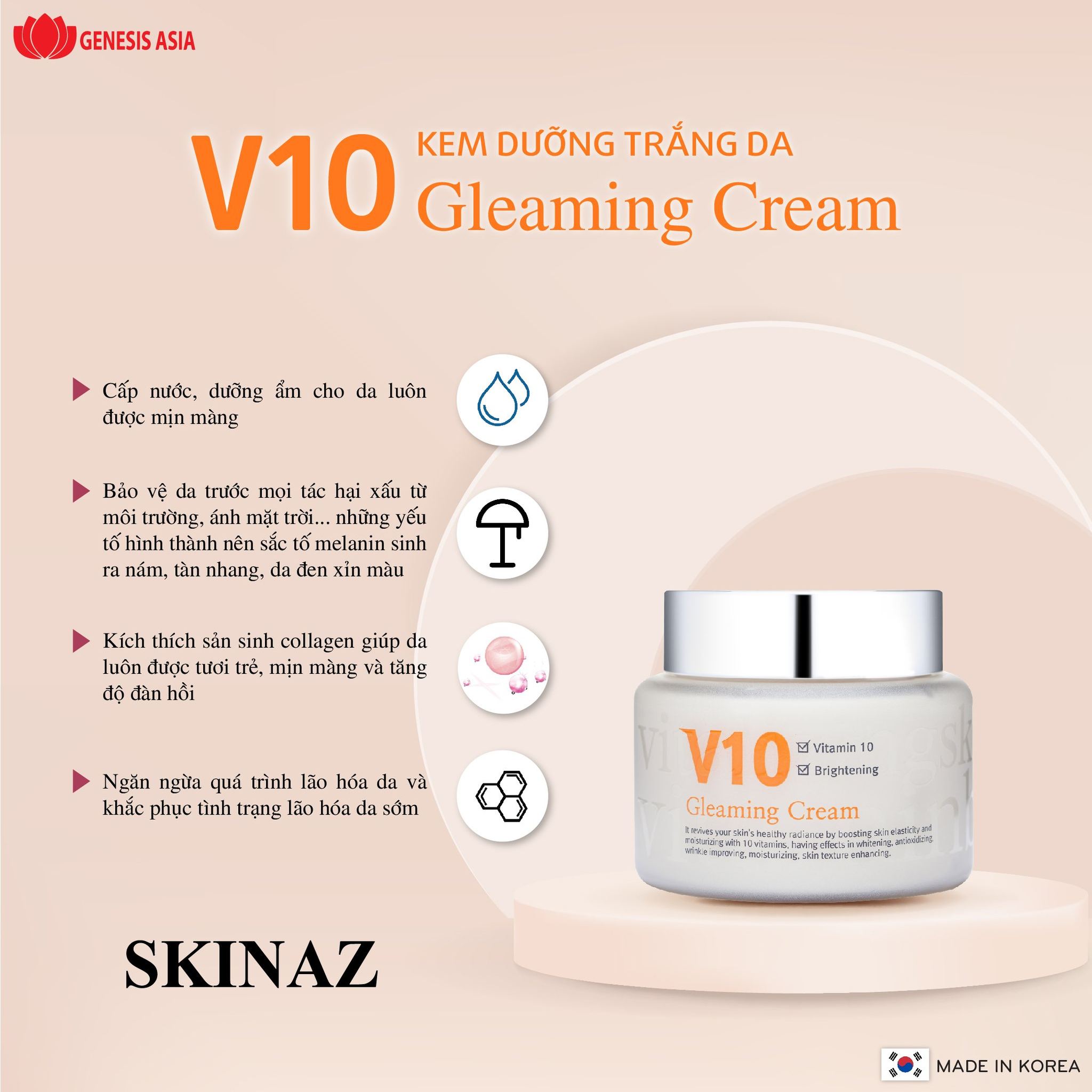 Kem Dưỡng Trắng Da V10 Skinaz Hàn Quốc