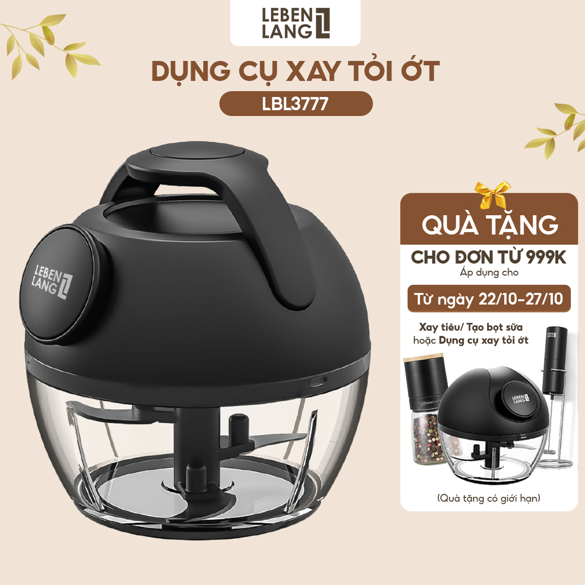 Dụng cụ xay tỏi ớt, thực phẩm Lebenlang LBL3777, 170ml, lưỡi dao 3 cánh sắc bén, dây kéo rút tiện lợi - hàng chính hãng
