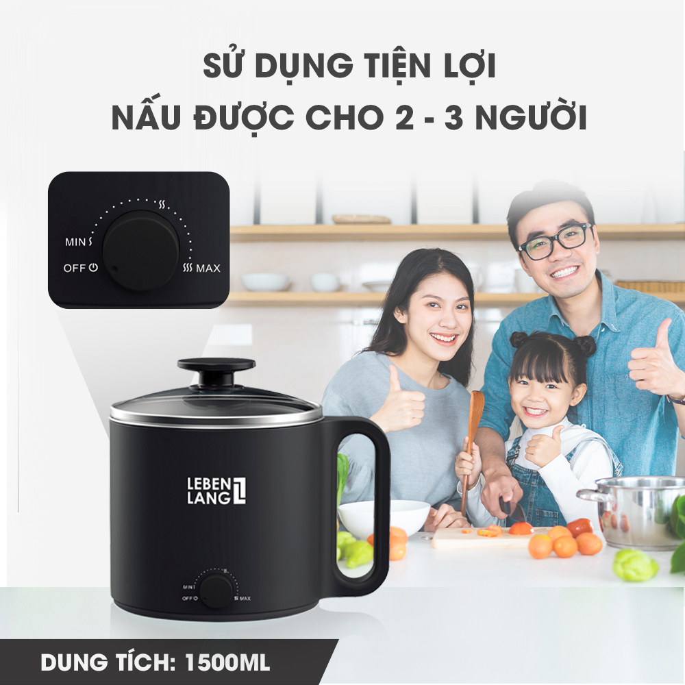 Nồi lẩu điện mini đa năng chống dính Lebenlang LBEC0808 1500ml, bảo hành 2 năm - hàng chính hãng