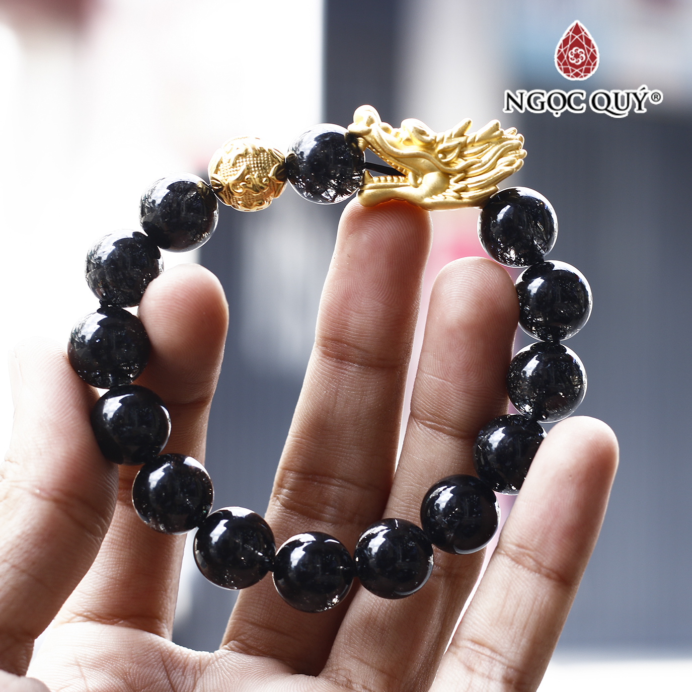 Vòng thạch anh tóc đen 12mm phối charm rồng bạc mạ vàng 24k mệnh thủy, mộc - Ngọc Quý Gemstones