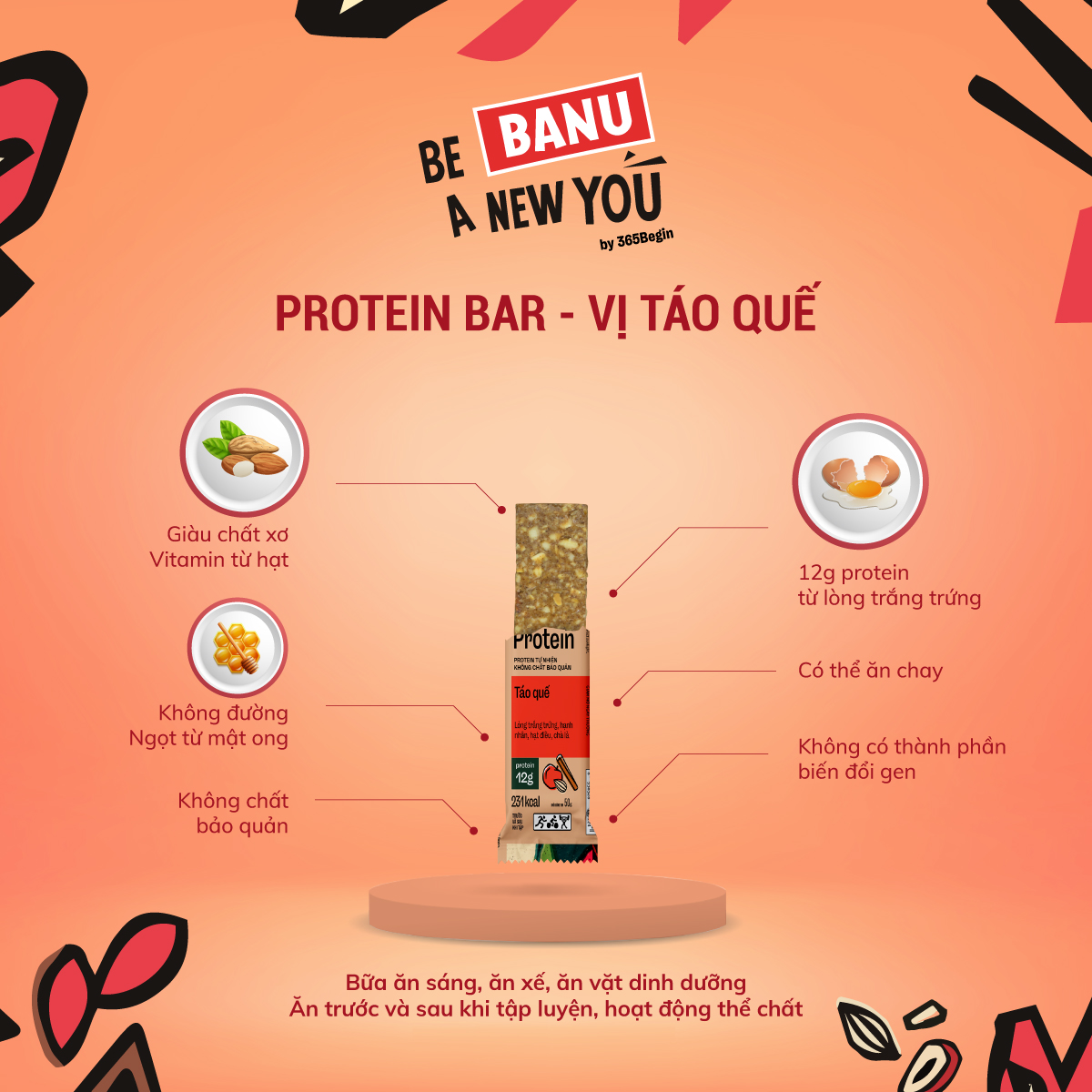 BANU Táo Quế - Thanh protein (đạm) Yến mạch và các hạt ngũ cốc – Thanh năng lượng thay thế các bữa ăn (sáng, trưa, chiều, xế, tối) tiện lợi, tốt cho sức khỏe, phù hợp với người bận rộn, tập luyện thể thao