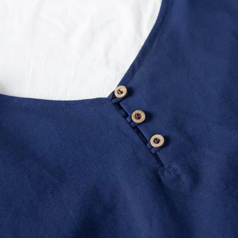 Đầm suông linen dáng chữ A cổ V tay lỡ xanh than, chất thô mềm mát, thời trang phong cách Hàn Quốc