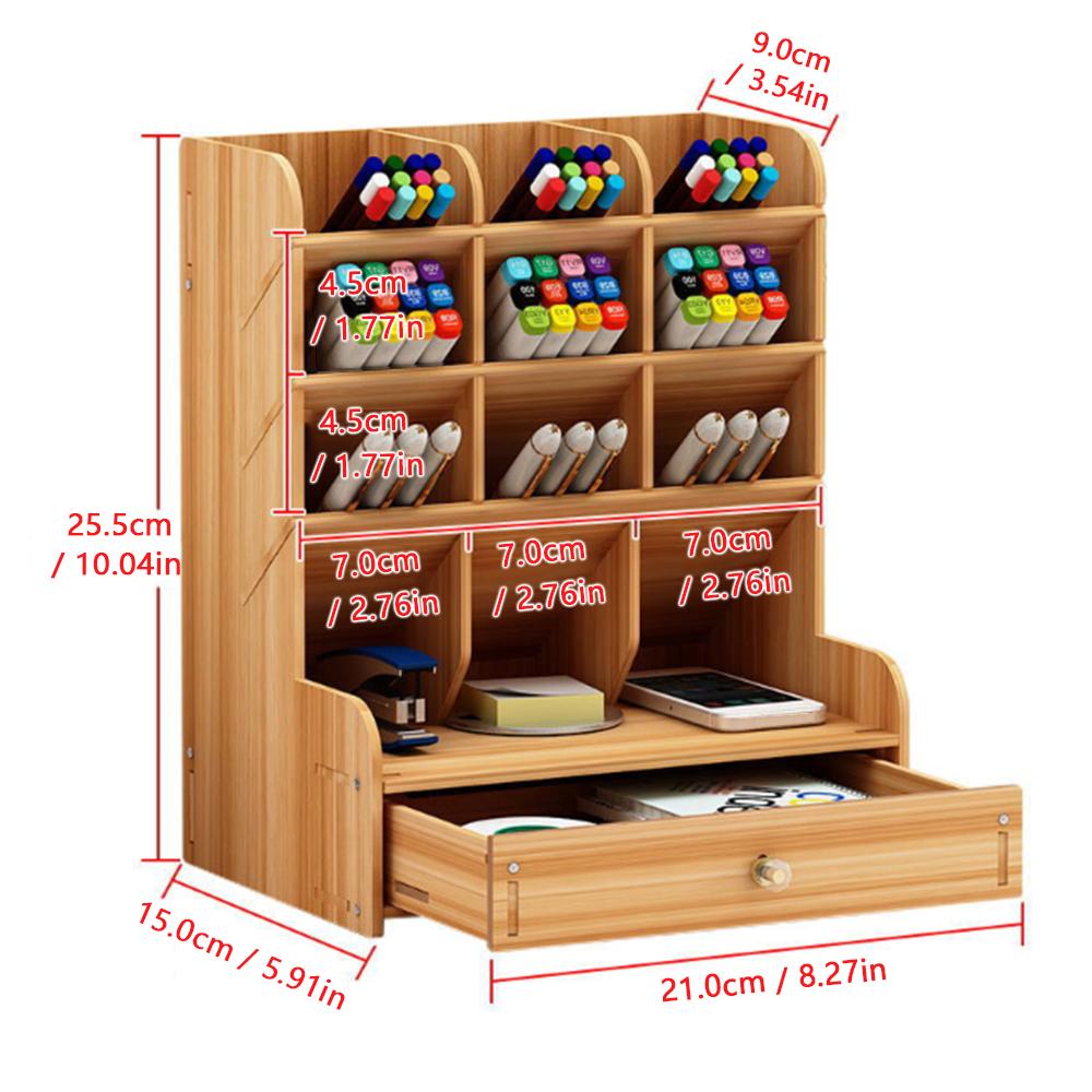 Hộp đựng bút đa chức năng bằng gỗ để bàn với 12 ngăn và 1 ngăn kéo