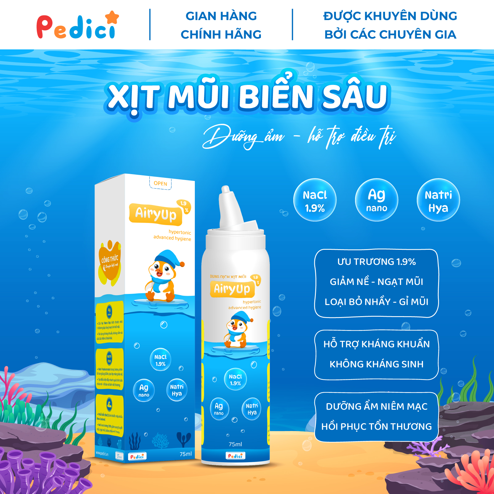 Xịt mũi Ưu trương AiryUp 1.9% - Dưỡng ẩm và Kháng khuẩn Nano Bạc - Công nghệ B.O.V (75ml)