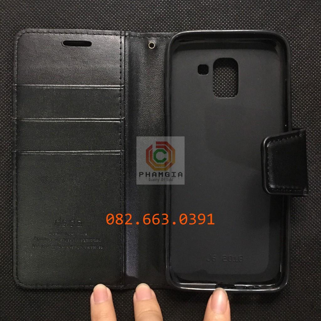 Bao da dành cho Samsung J6/J6 plus da cao cấp, có ngăn thẻ, nắp gập chống đỡ xem phim