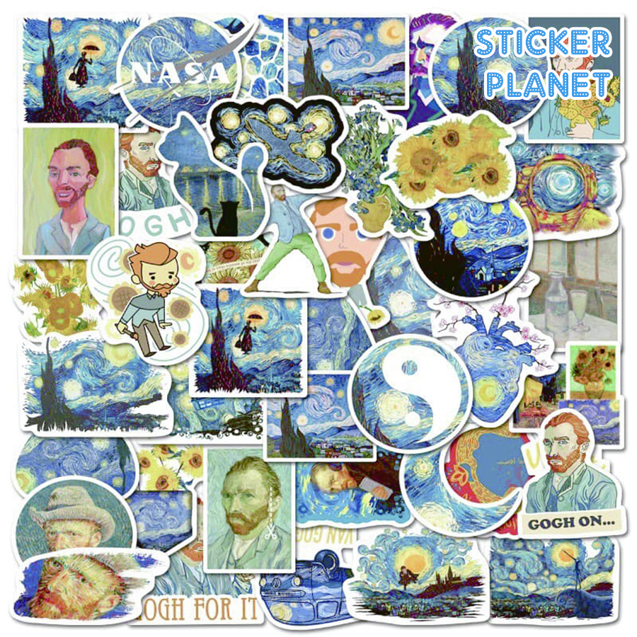 Bộ sticker chủ đề tranh của họa sĩ vangogh chống thấm nước trang trí mũ bảo hiểm, đàn, guitar, ukulele, điện thoại laptop