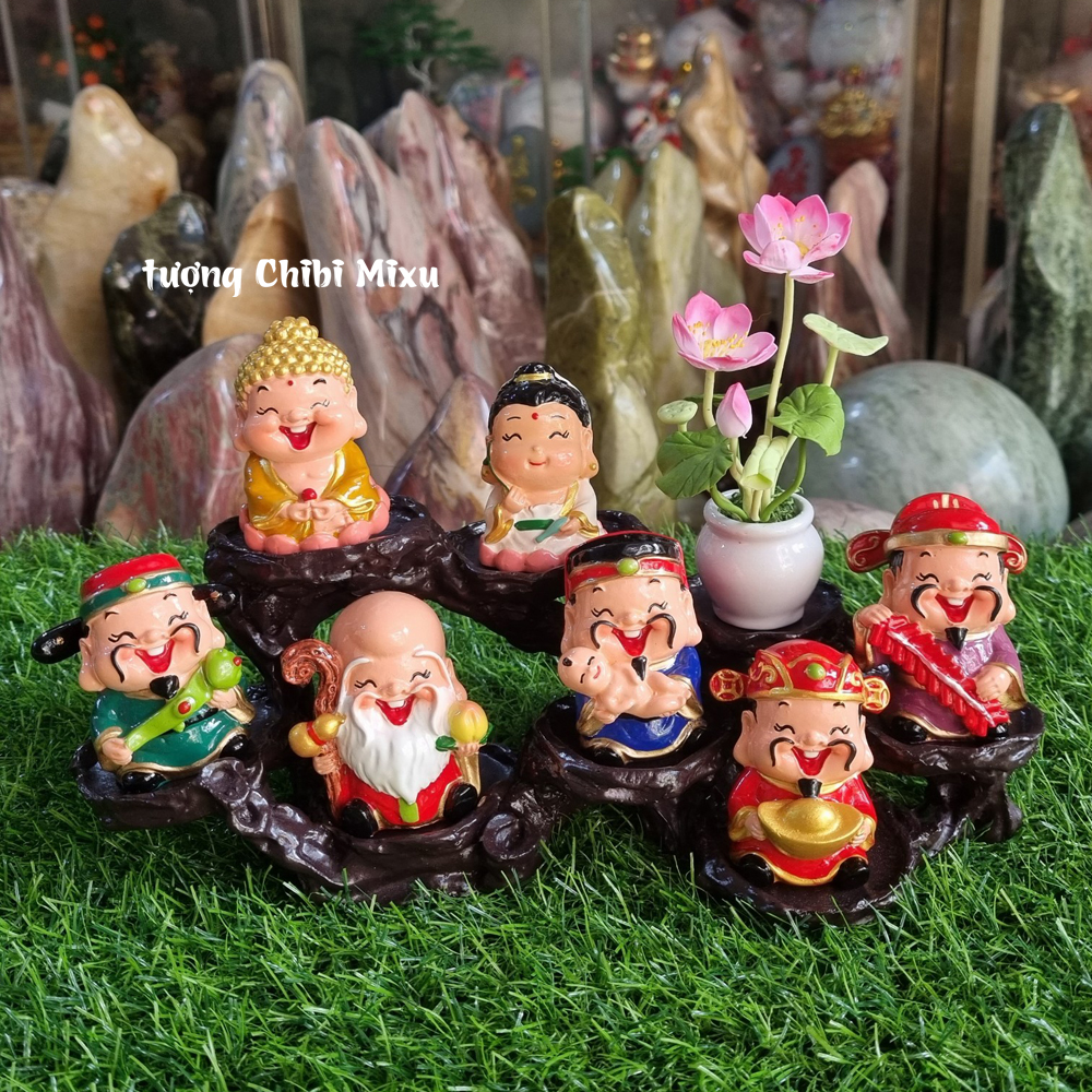 Bộ tượng Ngũ Phúc kèm tượng Phật Tổ + Quan Âm + chậu hoa sen + đế y hình