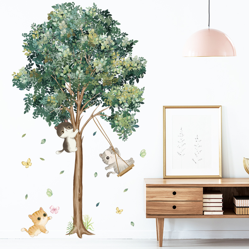Sticker Giấy Dán Tường Decal Dán tường Tranh Dán Tường Trang Trí Tường Mẫu Mèo Chơi Xích Đu ZDB-2153