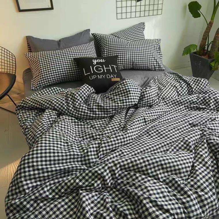 Bộ chăn ga gối , coton poly họa tiết kẻ ô vuông đủ size miễn phí bo chun