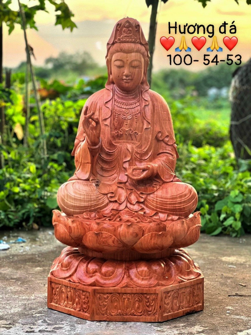 Tượng phật bà quan âm bồ tát bằng gỗ hương đá liền khối kt cao 100×54×53cm