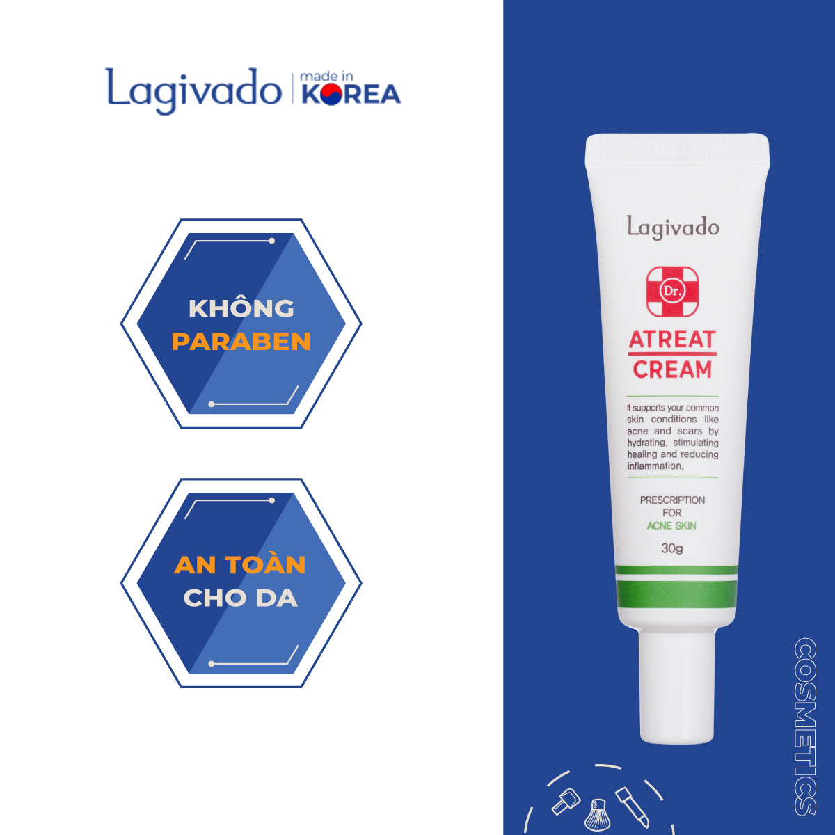 Kem chấm giảm mụn Hàn Quốc Lagivado ngừa thâm sẹo rỗ, thông thoáng lỗ chân lông Dr. Atreat Cream 30 ml