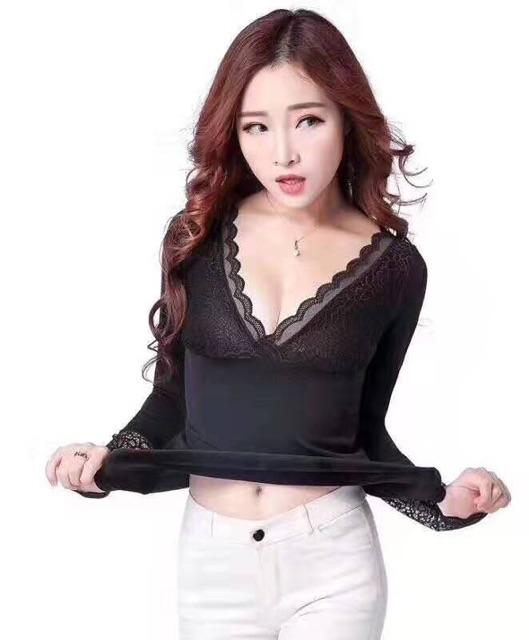 Áo len lót lông cổ tim phối ren giữ nhiệt siêu hótkèm video