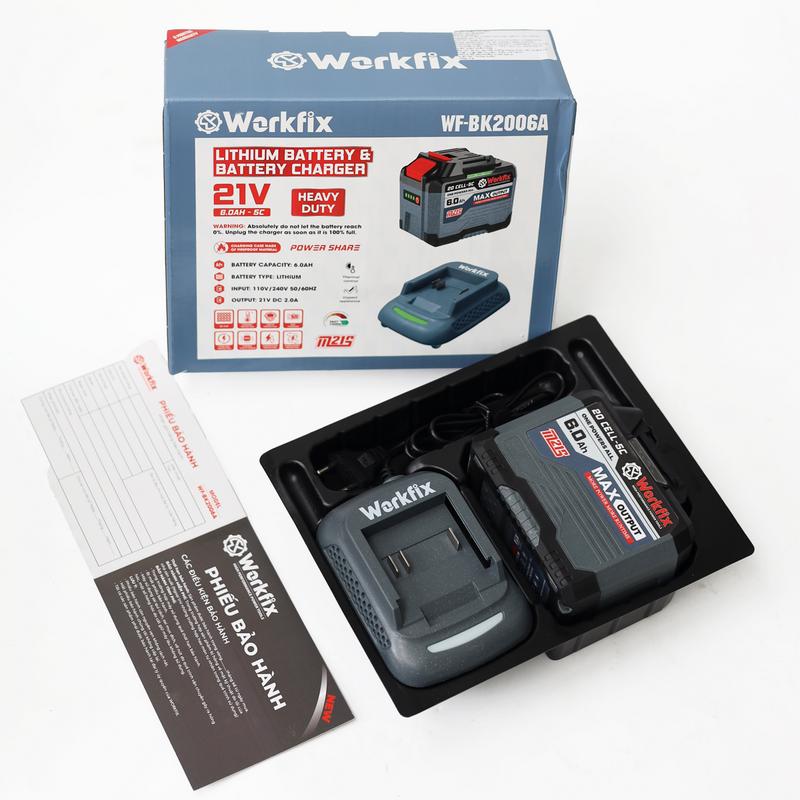 Combo Workfix 20 Cell 6Ah + Sạc - WF-BK2006A - Mạch 4 Mosfet - Chân Pin Phổ Thông - Vỏ Abs Chống Va Đập - Chuyên Dùng Cho Khoan Bê Tông, Mài, bulong, Cưa...