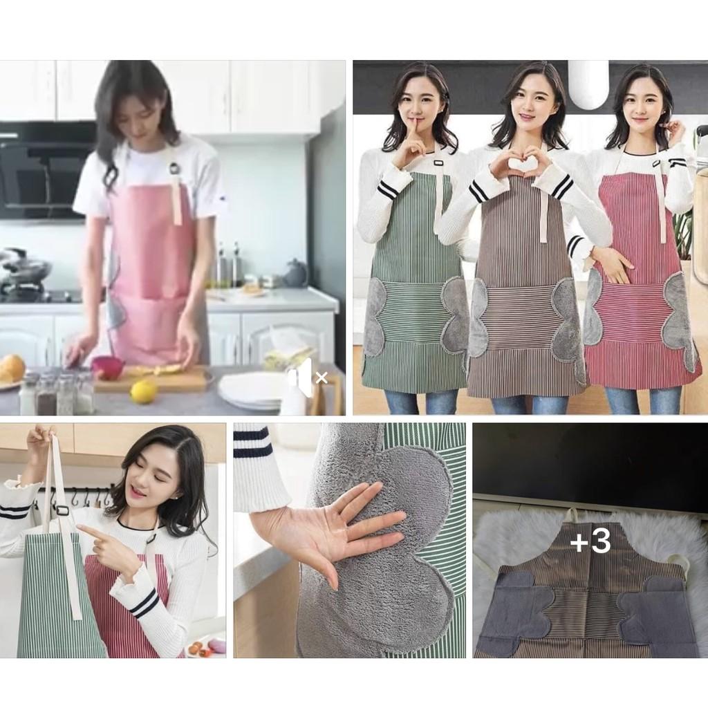 Tạp dề kẻ hoa có khăn lau tay bên hông, tạp dề chống thấm nước