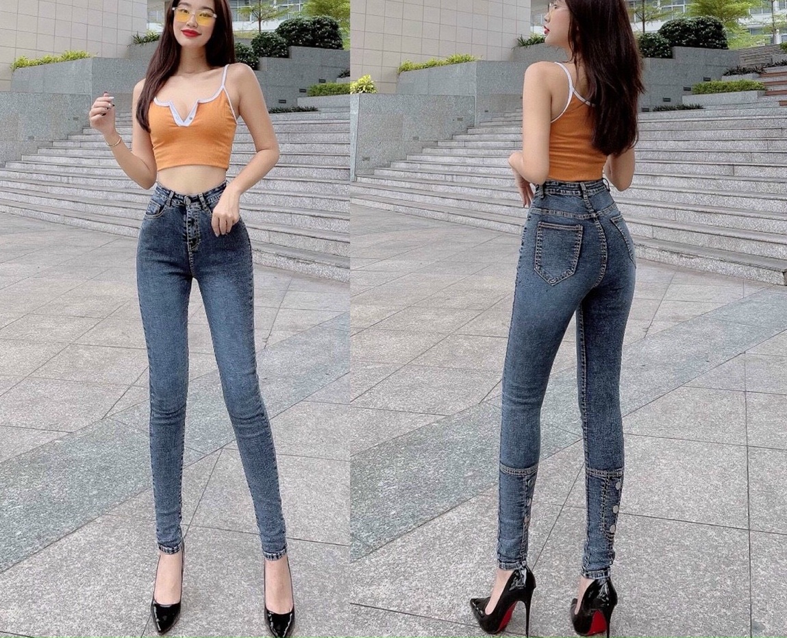 Quần Jeans Nữ Kiểu Nút Ở Gấu Lưng Cao Vải Mềm Co Giãn Đẹp Store 257