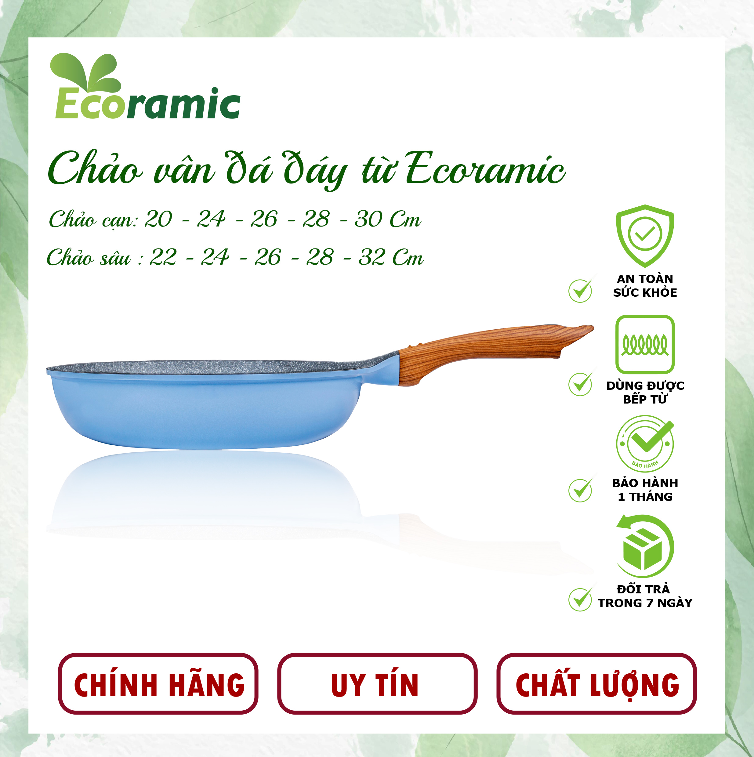 Chảo Chống Dính Ecoramic Vân Đá Đáy Từ Chính Hãng Cao Cấp, Chảo Sâu Siêu Bền, Dùng cho mọi loại bếp, Bảo hành chính hãng 2 tháng