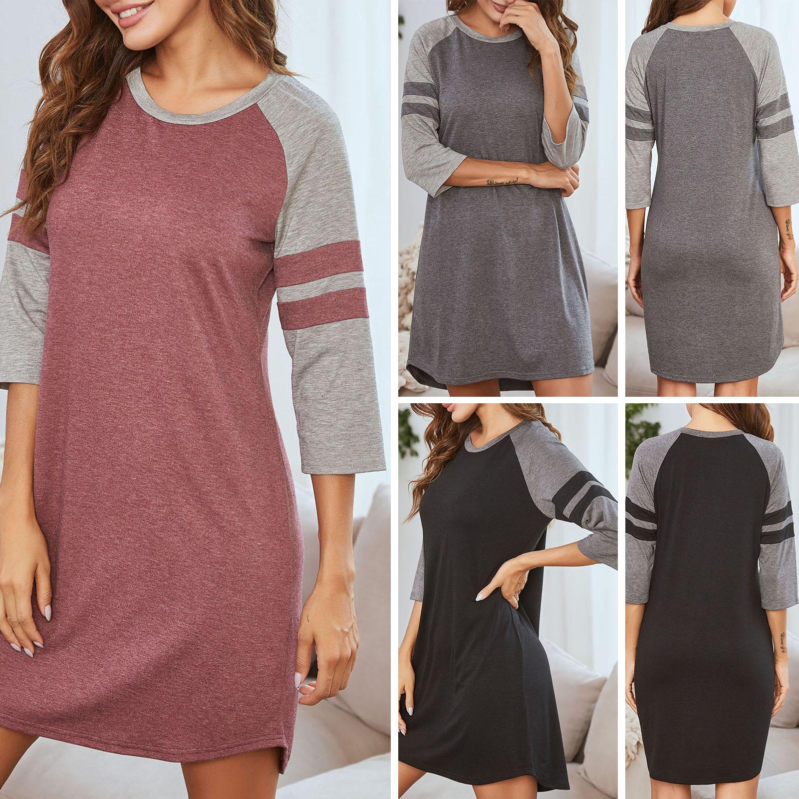 Women Sleep Dress Casual Sleep Shirt Splicing Loose Three Quarter Sleeve O-Neck Nightgown Sleepwear Summer Spring