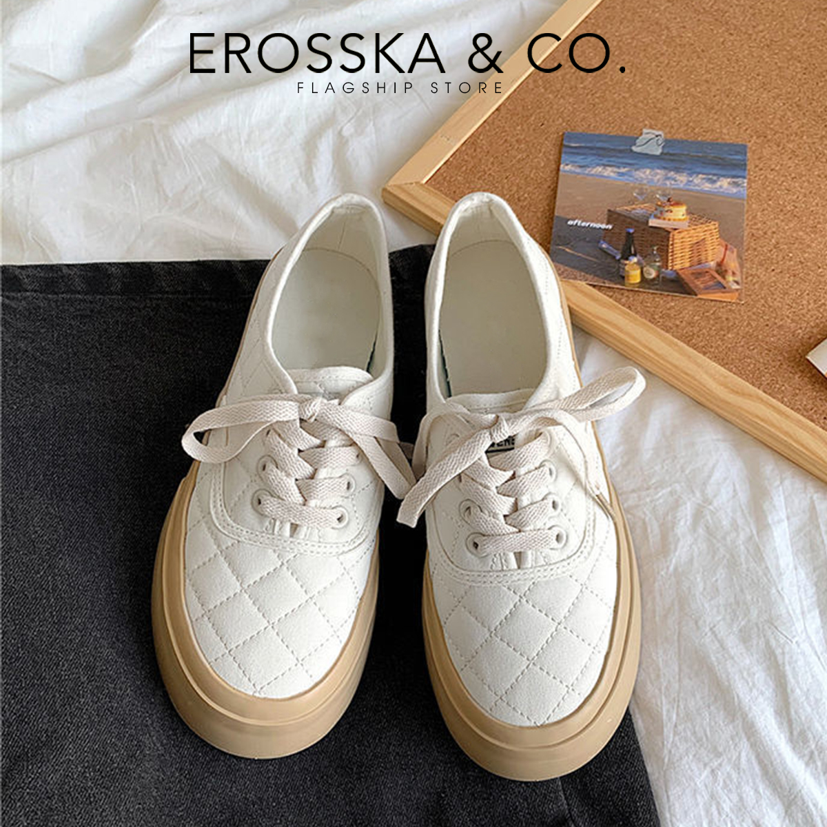 Erosska - Giày sneaker đế dày phối kem đi học phong cách vintage - GS014