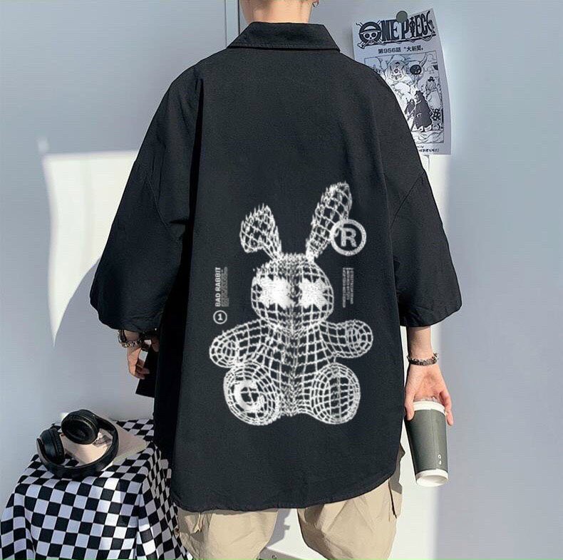 Áo sơ mi nam form rộng tay lỡ, áo sơ mi unisex thêu chữ BAD RABBIT cực hot