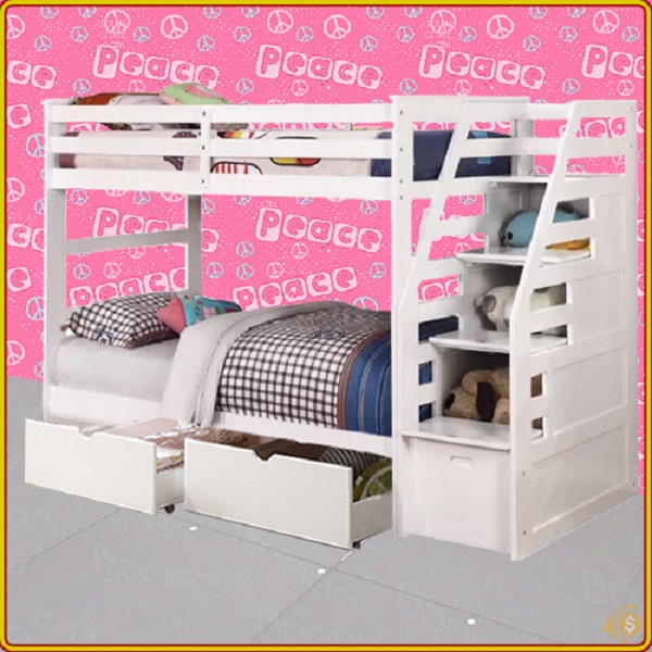 Giường 2 tầng Tundo màu trắng kèm 2 hộc kéo