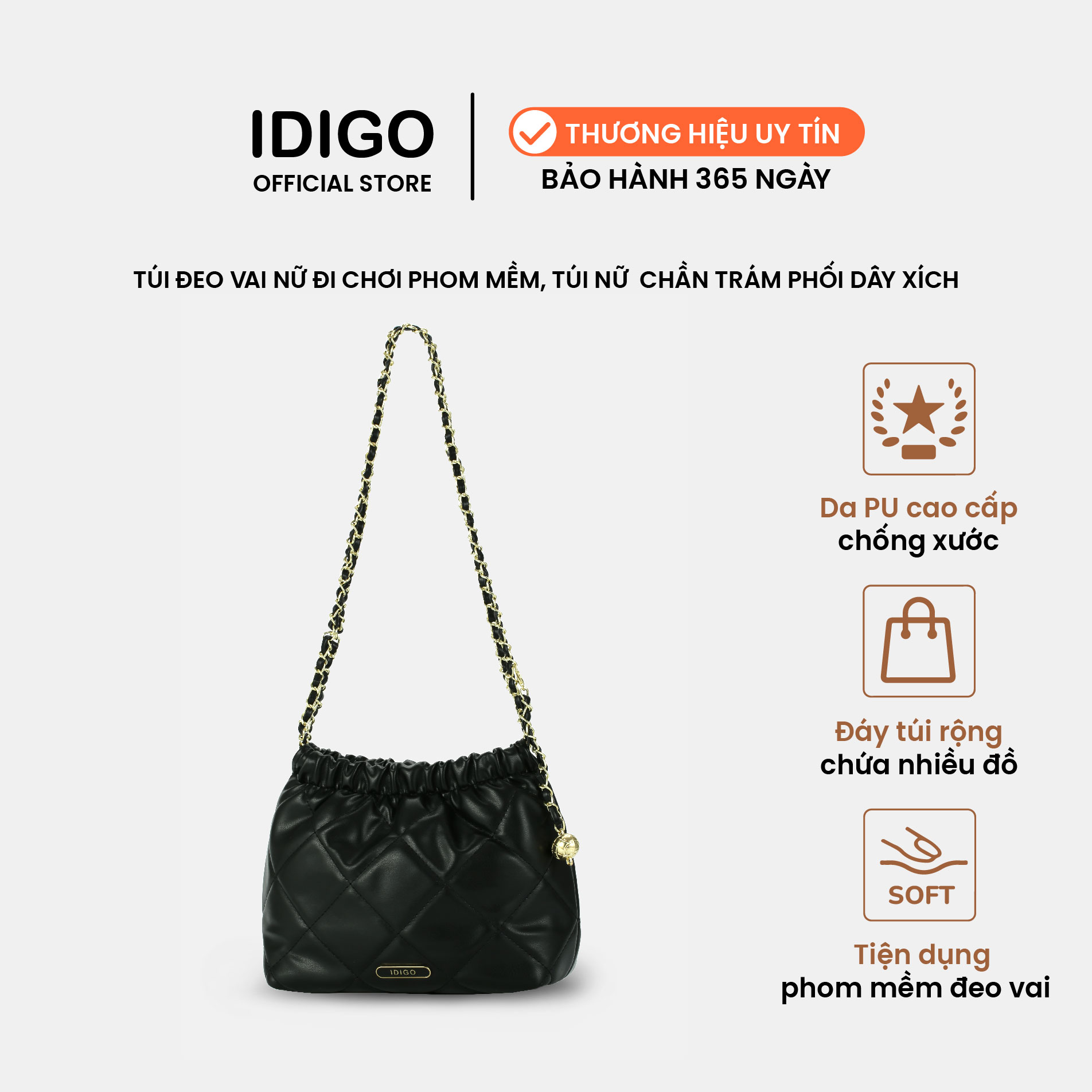 Túi đeo vai đi chơi nữ phom mềm chần trám phối dây xích IDIGO FB2-3394