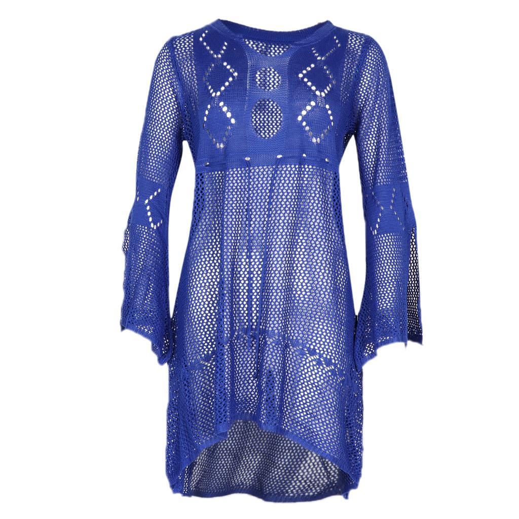 Beach Cover Up Crochet Swimsuit Hollow Out Flare Sleeve Swimwear for Women